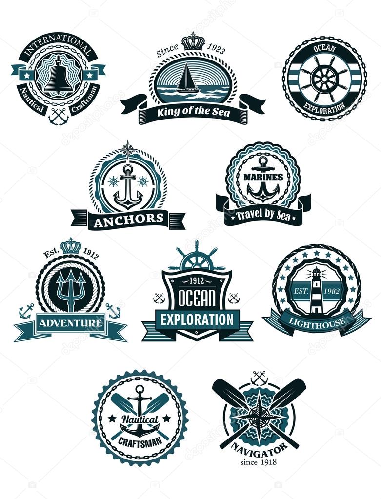 Vintage blue marine badges and icons including ship, helm, anchor, crossed paddles, old lighthouse, compass, bell,ropes, chains, lifebuoy