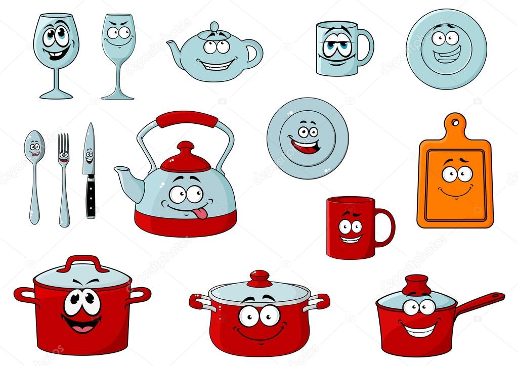 Cartoon smiling kitchenware and glassware characters