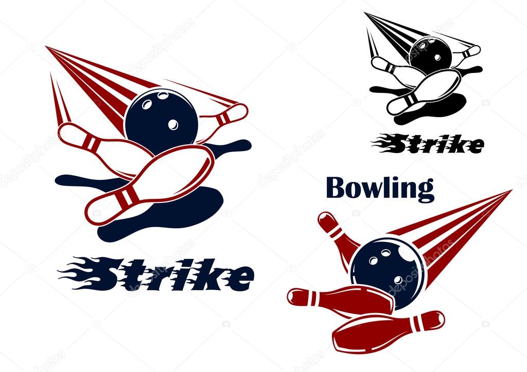 Bowling strike icons or emblems design with bowling balls crashing ninepins in red, blue, black and white colors