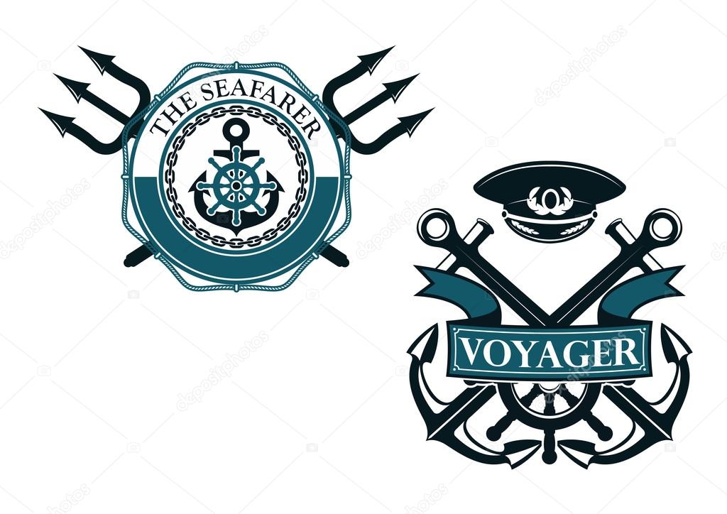 Retro voyager and seafarer nautical badges or emblems with crossed anchors, helm and captain cap, ribbon banner, tridents, lifebuoy, rope and chain