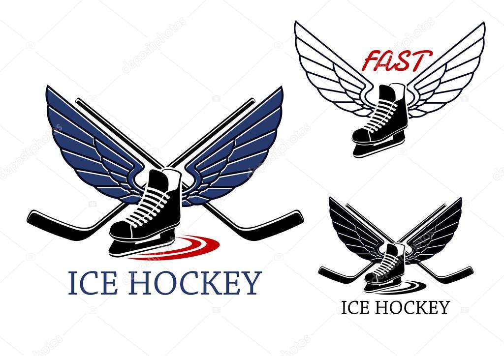 Ice hockey emblems with winged ice skates, motion trails and crossed sticks on the background for sports design