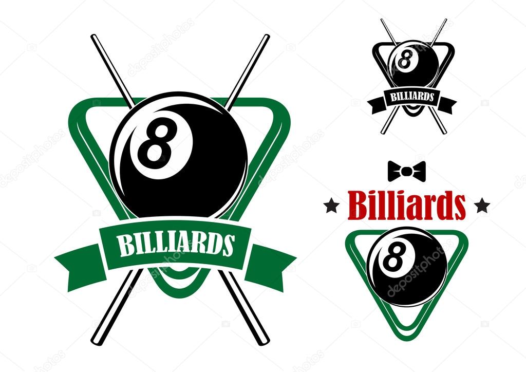 Pool emblems with balls, cues, triangle racks