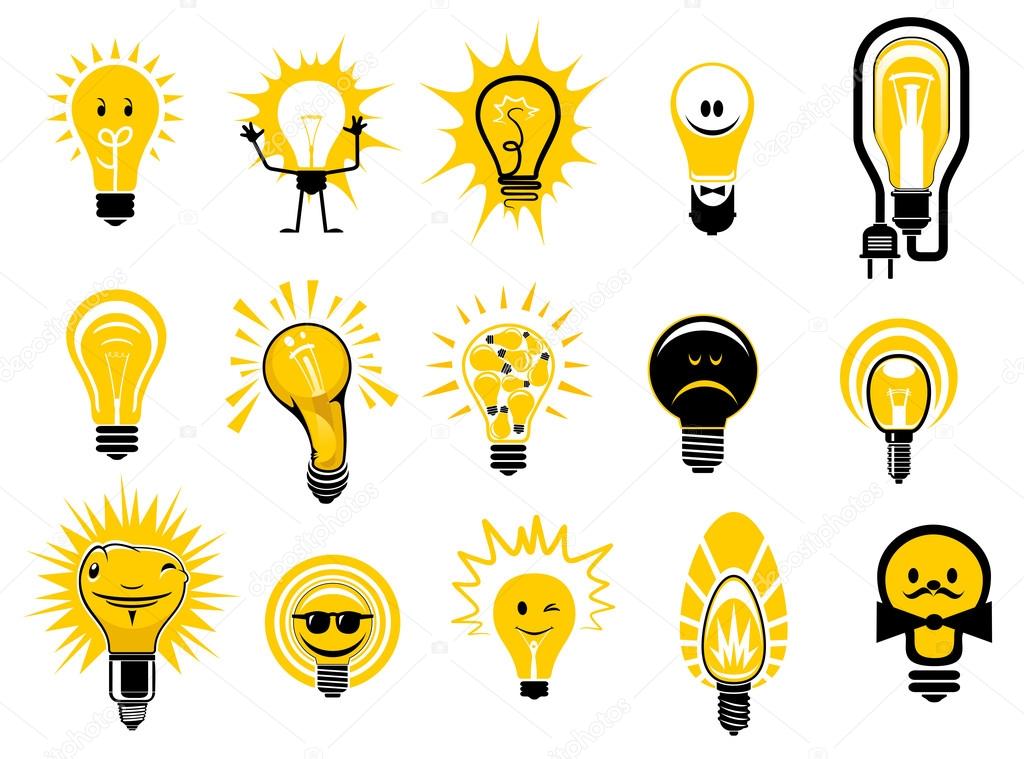 Glowing light bulbs icons in cartoon style showing electric filament lamps with bright yellow light, isolated on white background, for creative idea or electricity concept design