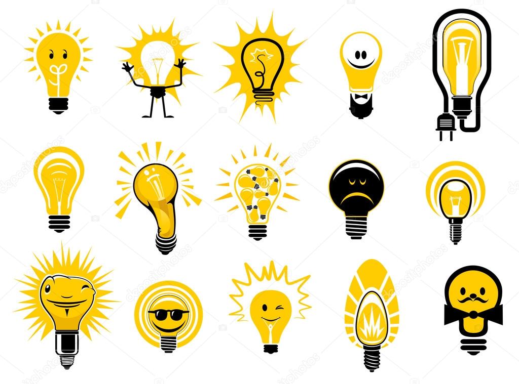 Cartoon light bulbs icons and objects