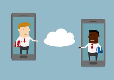 Two businessmen send information to cloud service