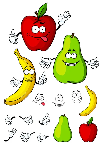 Sorrindo feliz pêra dos desenhos animados, maçã e banana frutas — Vetor de Stock