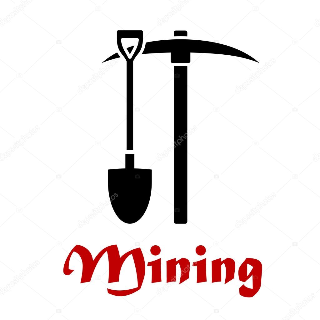 Mining emblem or badge with black silhouettes of a pick-axe and shovel over red text Mining