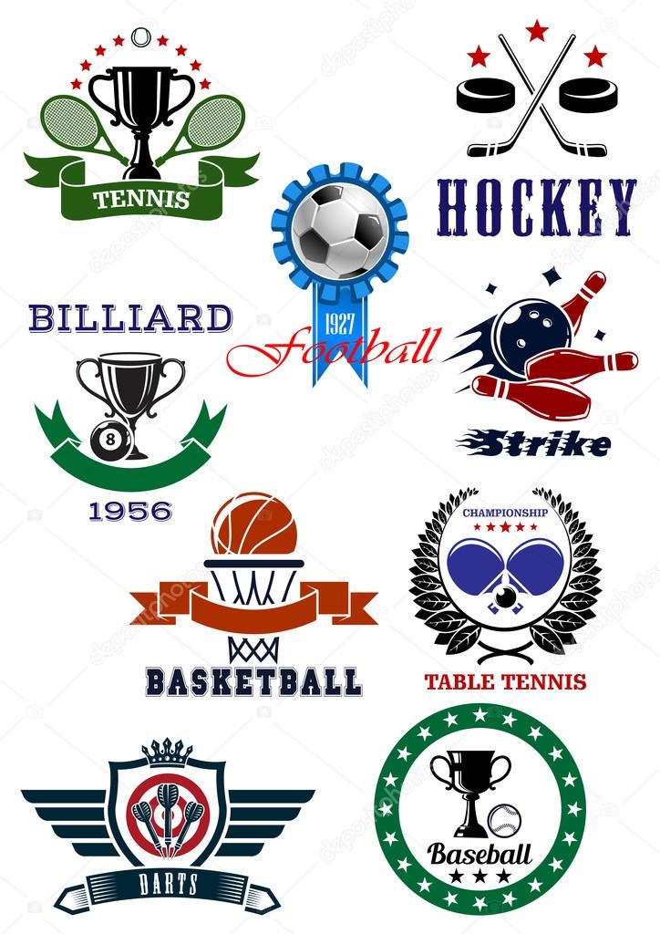 Set of sport games icons and symbols on white background emphasizing tennis, football or soccer, ice hockey, billiards, basketball, table tennis, darts, baseball and bowling