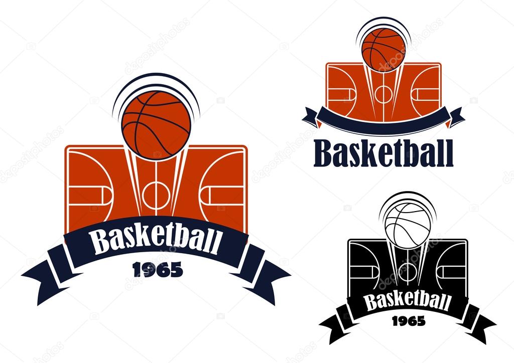 Basketball game sporting symbol or emblem with flying ball over the area or court