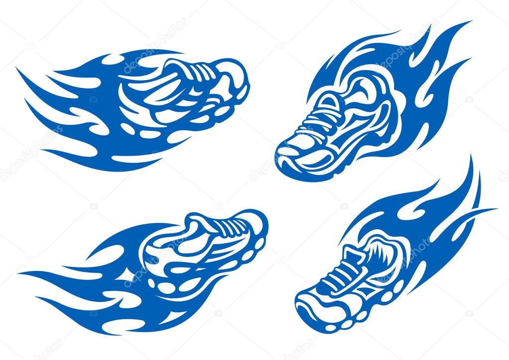 Flaming running or sports shoes depicting speed viewed from the front and back, for sports design
