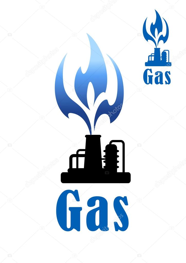 Gas refinery and mining concept with a silhouette of petrochemical plant with a flame, for logo or emblem design