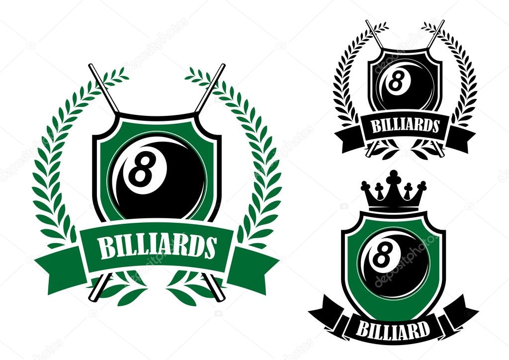 Eight ball billiards or pool emblem with crossed cues, black ball, crown and laurel wreath