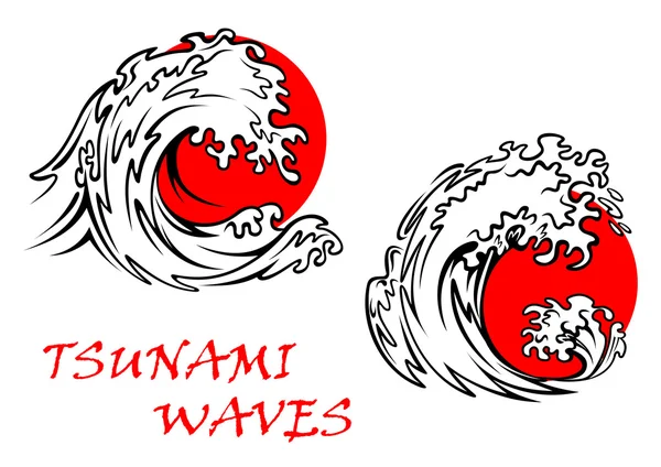 Tsunami waves with red sun behind — Stock Vector