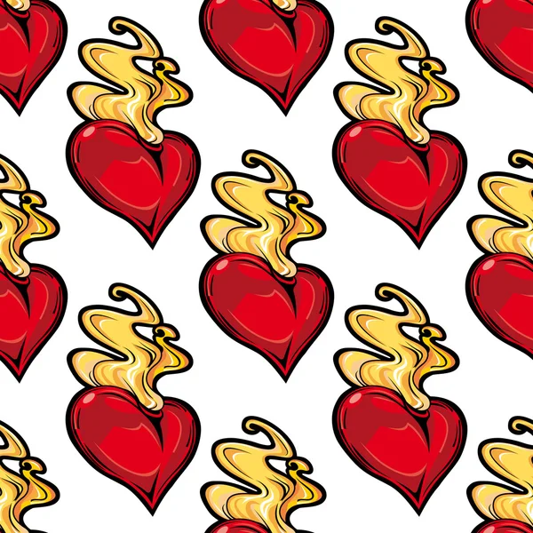 Burning red hot heart seamless pattern — Stock Vector