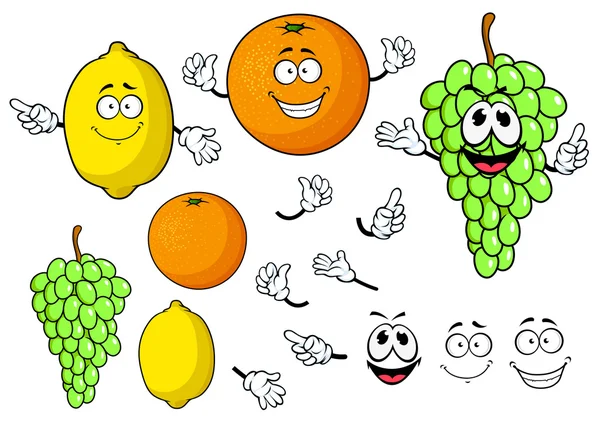Happy γελοιογραφία φρούτα σταφύλι, λεμόνι και πορτοκάλι — Διανυσματικό Αρχείο