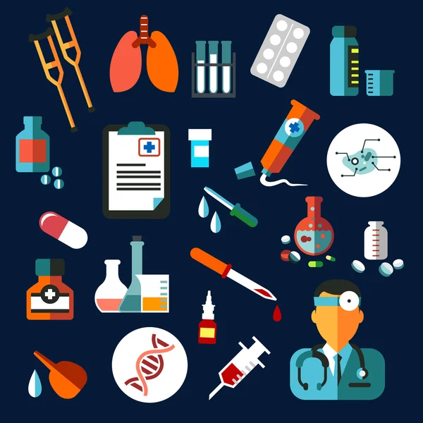 Lékařská ploché ikony s léky a diagnostika — Stockový vektor