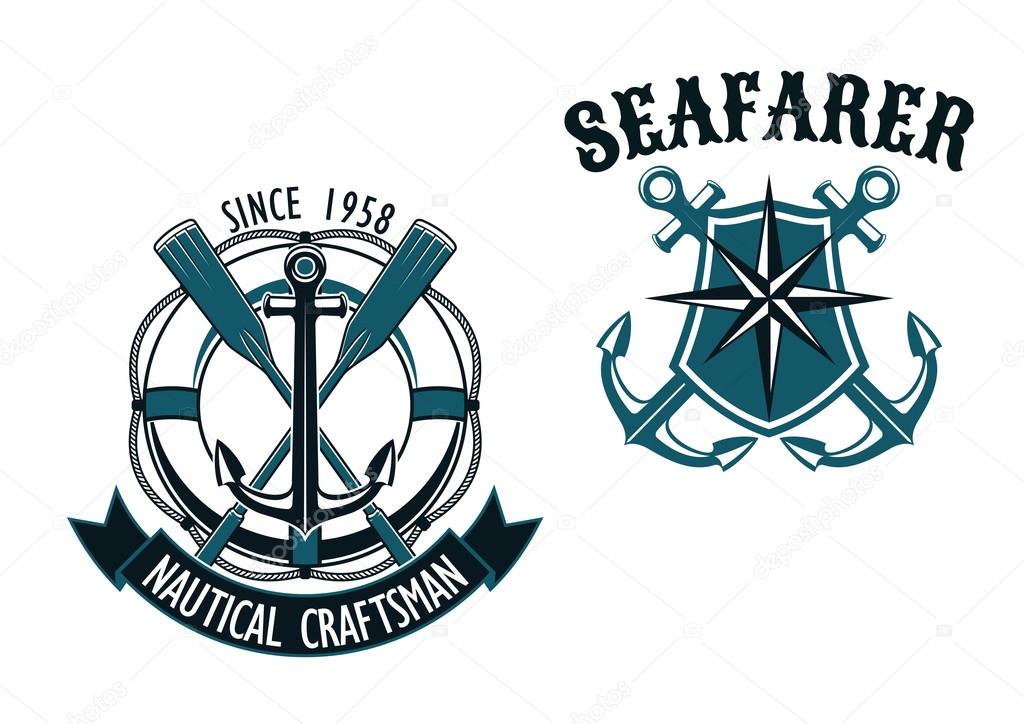 Nautical themed badges with  crossed oars over a life ring with ribbon Nautical Craftsman, and the second for Seafarer with a shield and compass over crossed anchors