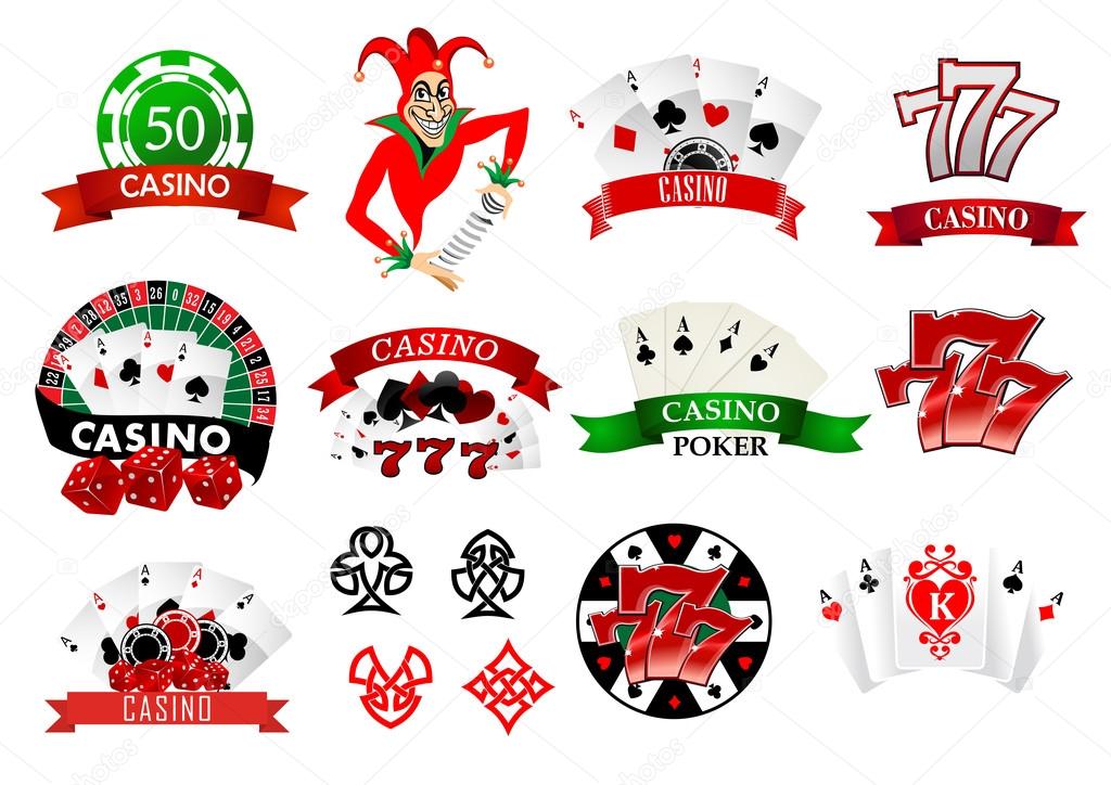 Large set of colored casino and poker icons or emblems with tokens, chips, playing cards, Joker and lucky numbers 777