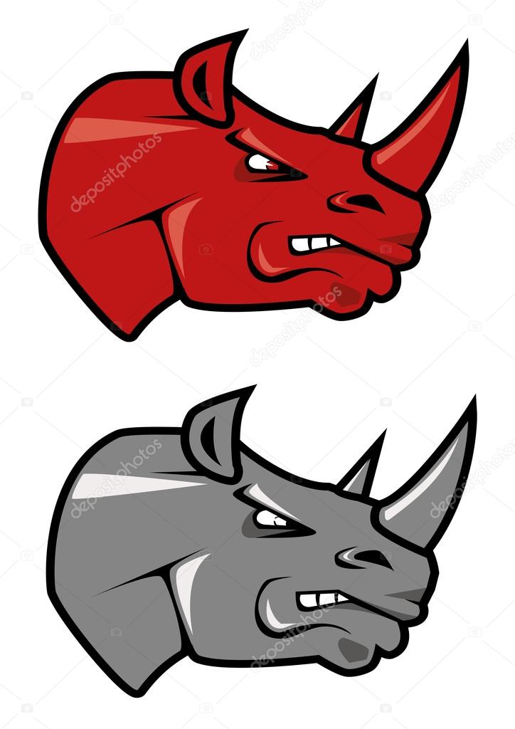 Cartoon red and gray rhinoceros mascots with angry face for sports team or tattoo design