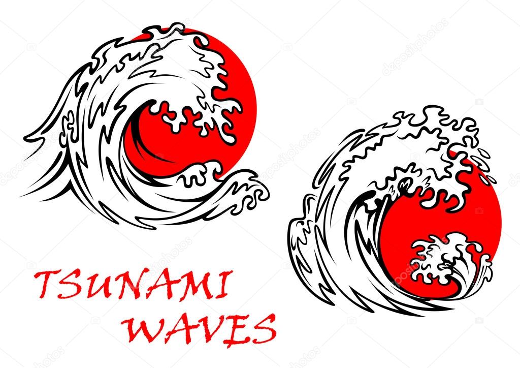 Tsunami waves with red sun behind