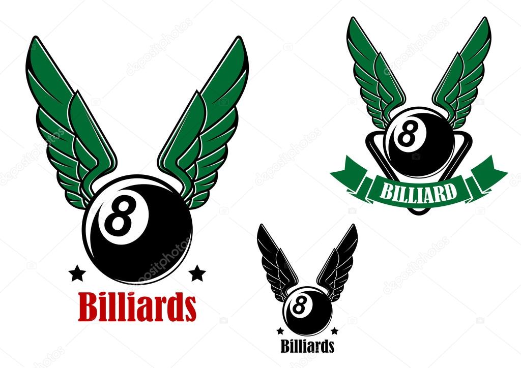 Winged eight billiard or pool ball isolated on white background for sports or club symbol design