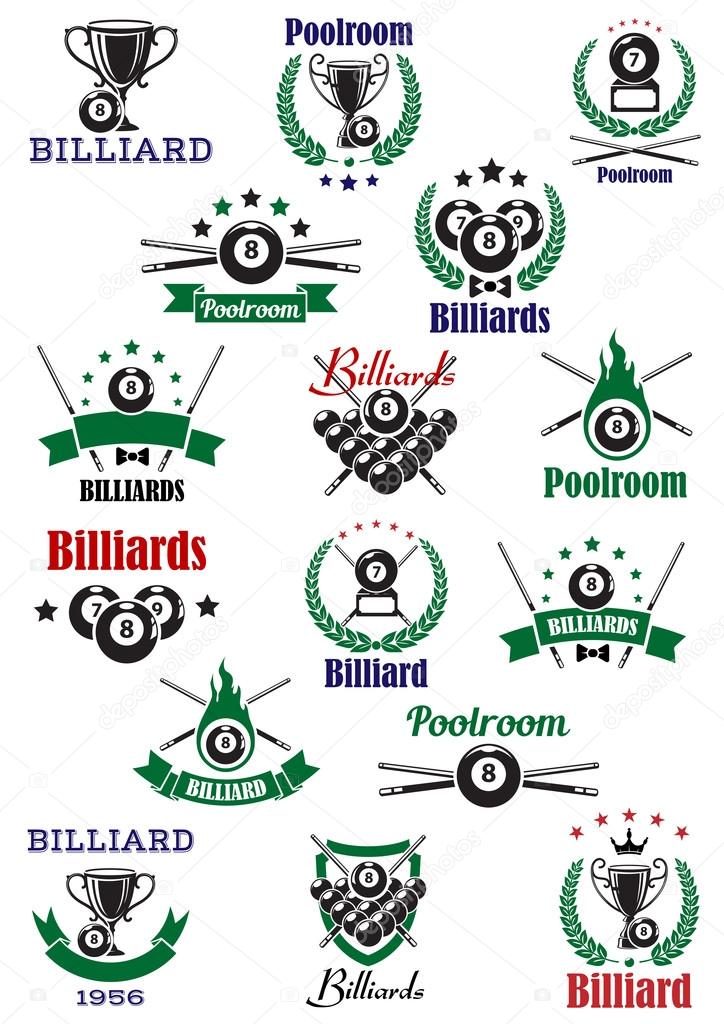 Billiards, snooker and pool emblems with balls, cues, trophy cups, wreath and decorations
