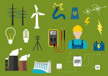 Elektrik, mühendislik ve elektrikçi düz simgeler
