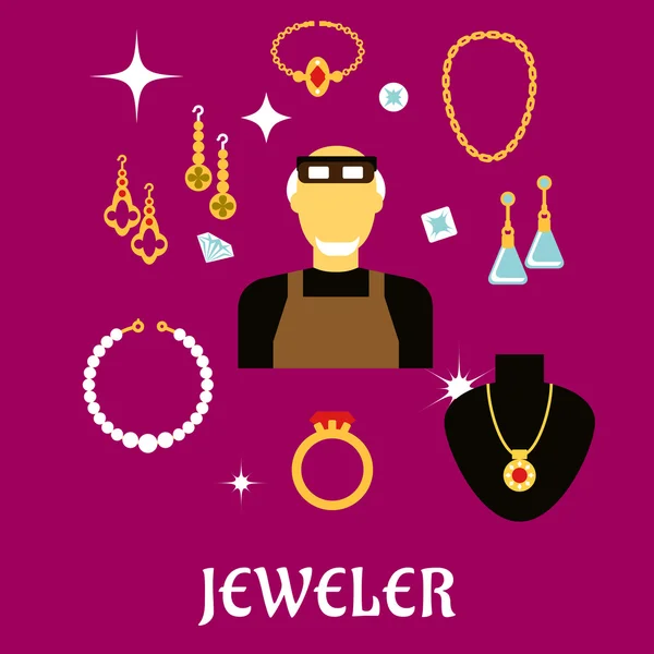 Joyero o orfebre con joyas, estilo plano — Vector de stock