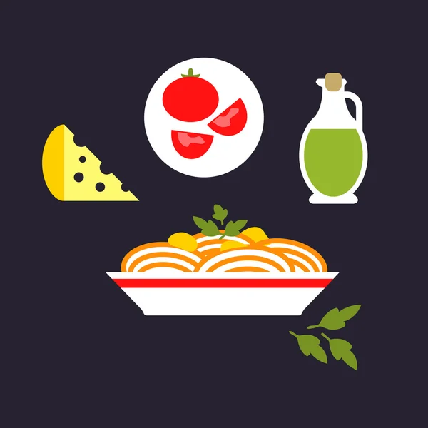 Pasta con queso, tomate, aceite de oliva, perejil — Vector de stock