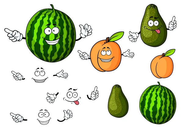 Cartoon watermeloen, avocado en abrikoos vruchten — Stockvector