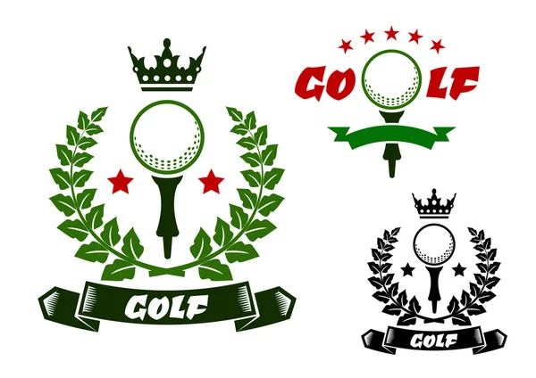 Emblemi sportivi con pallina da golf su tee — Vettoriale Stock