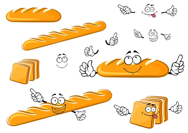 Long loaf, baguette and toast bread characters — Stock Vector