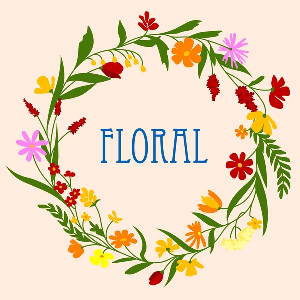 Couronne florale avec fleurs et feuillage à base de plantes — Image vectorielle