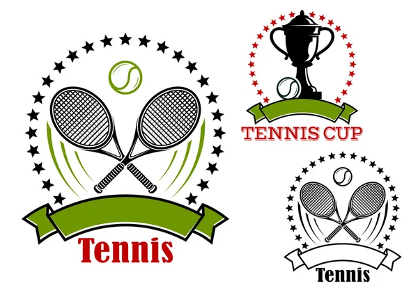 Tennis emblem med bollar, racketar och cup — Stock vektor