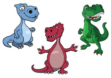 Mavi, yeşil ve mor t-rex dinozorlar çizgi film