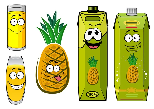 Cartoon ananas fruit, SAP packs en glazen — Stockvector