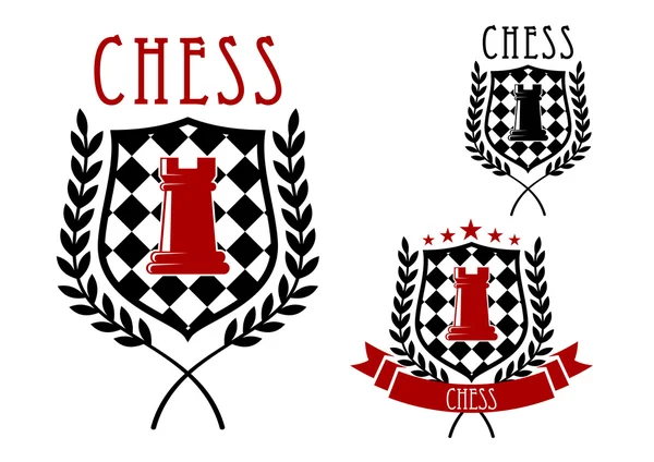 Chess emblems with rook on chessboard shield — Stock Vector