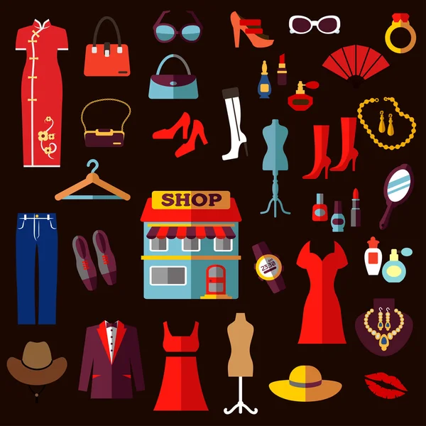Shopping, mode et beauté icônes plates — Image vectorielle