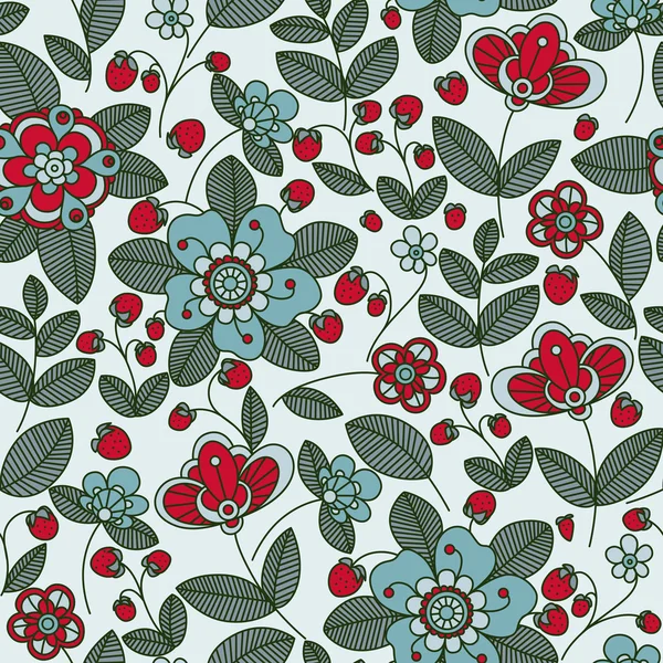 Fresas y flores patrón sin costuras — Archivo Imágenes Vectoriales
