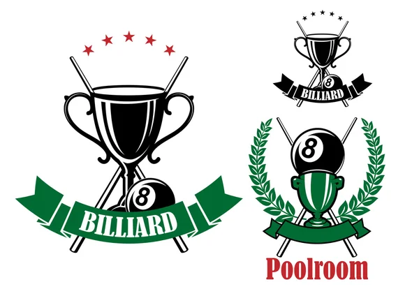 Pool emblem med troféer och bollar — Stock vektor