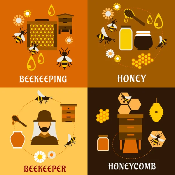 Concept miel avec abeilles, ruches et nids d'abeilles — Image vectorielle