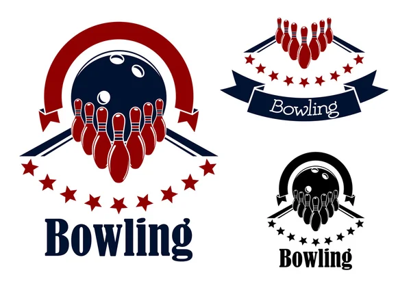 Bowling badges with lanes, balls and ninepins — Stock Vector