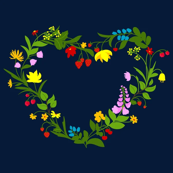 Marco de corazón floral con flores y bayas — Vector de stock