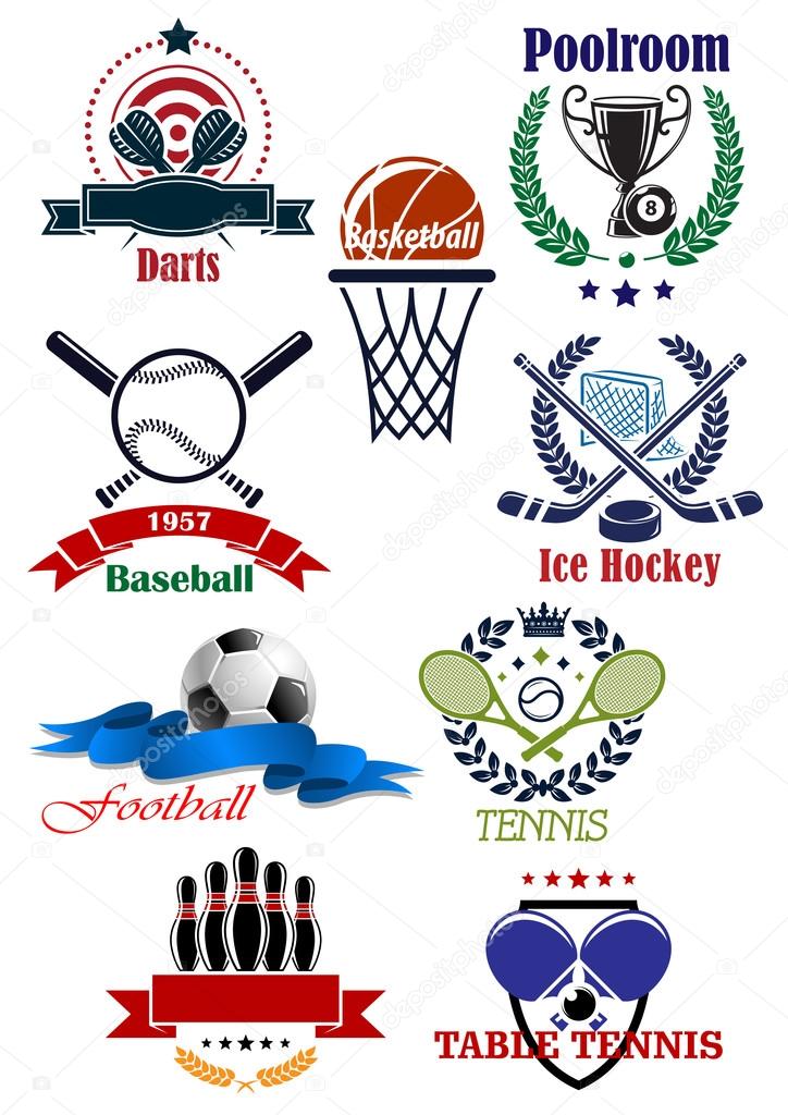 Sporting club or competition emblems for football or soccer, darts, baseball, bowling, tennis, ice hockey, basketball, billiards or pool and table tennis sports with heraldic design elements
