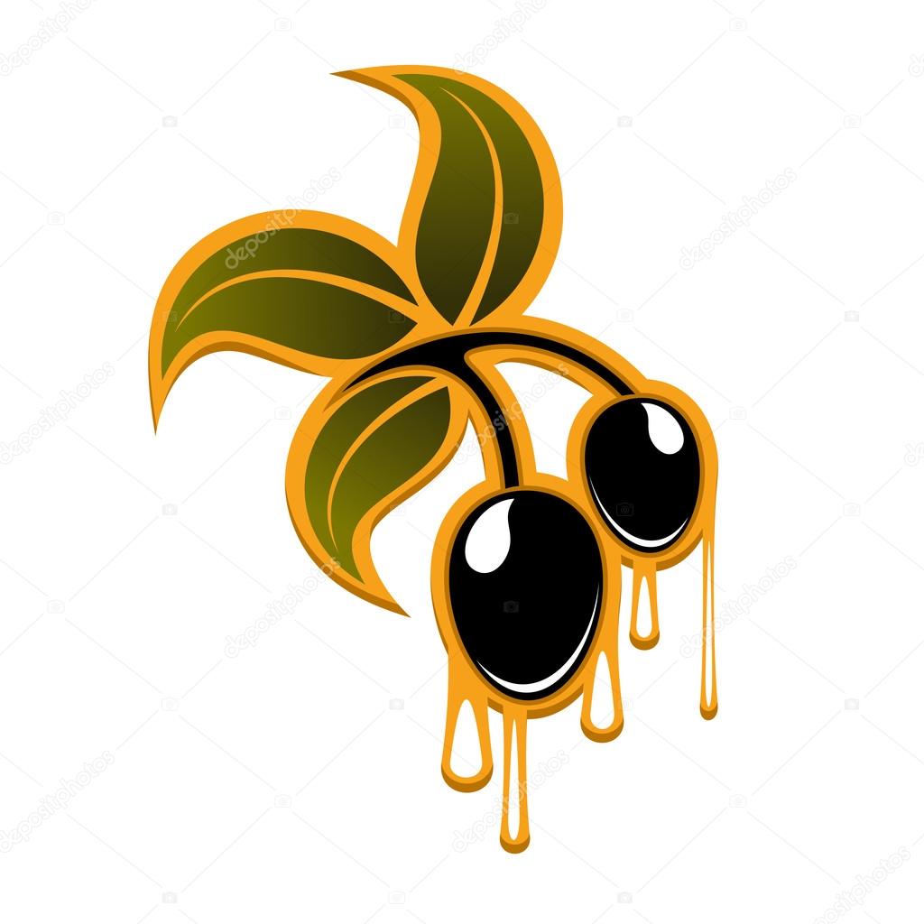 Olive branch with ripe black fruits, green leaves and dripping golden olive oil for agriculture or vegetarian food design