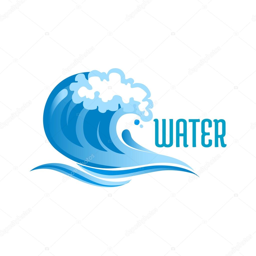 Blue ocean wave with foam bubbles and surf isolated on white background with text Water