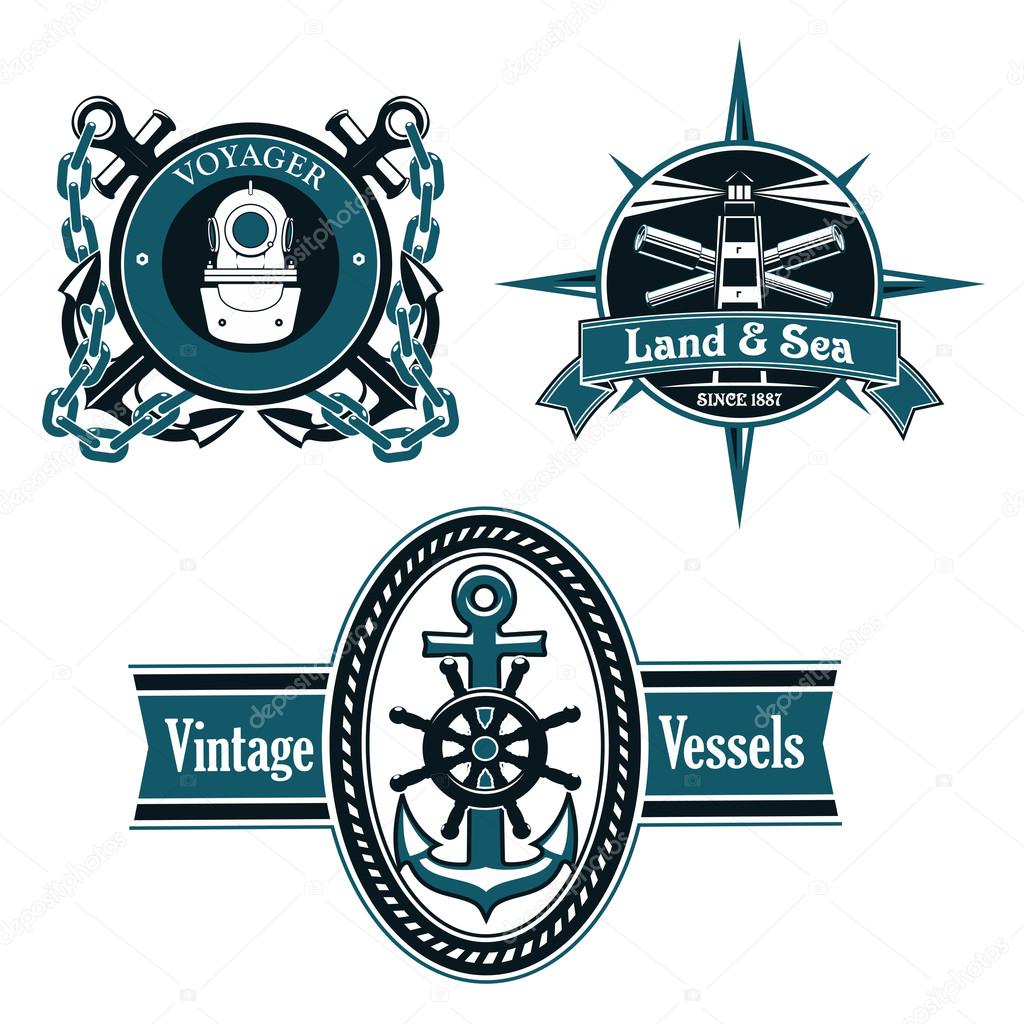 Vintage nautical emblems or badges with anchors, helm, diving helmet, crossed spyglasses and lighthouse framed by porthole and rope with ribbon banners, compass rose and chains