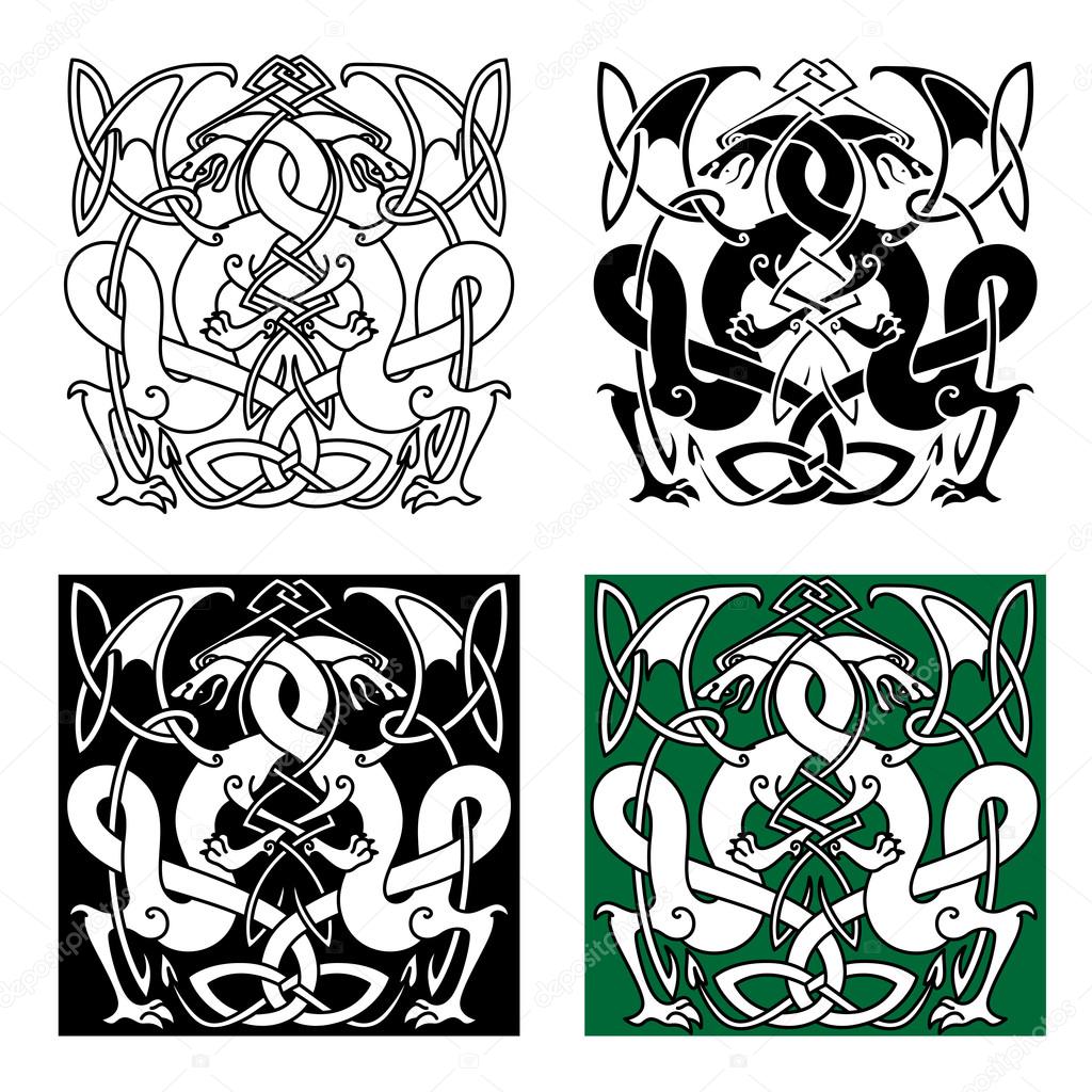 Dragons entwined in traditional celtic knot ornaments