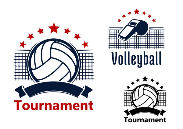 Volleyball-Embleme mit Bällen, Trillerpfeifen und Netzen — Stockvektor