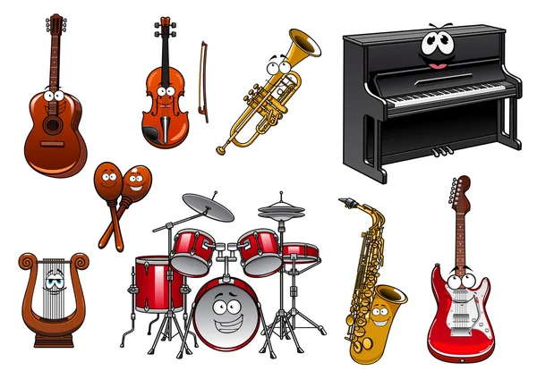 Divertidos instrumentos musicales personajes de dibujos animados — Vector de stock